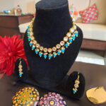 Kundan Necklace with Turquoise Blue Hanging - Image 2