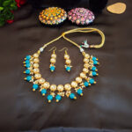 Kundan Necklace with Turquoise Blue Hanging - Image 3
