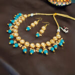 Kundan Necklace with Turquoise Blue Hanging - Image 4