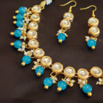 Kundan Necklace with Turquoise Blue Hanging - Image 5