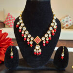 Kundan Necklace with Red Meenakari Pendant - Image 2