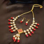 Kundan Necklace with Red Meenakari Pendant - Image 3