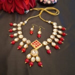 Kundan Necklace with Red Meenakari Pendant - Image 6